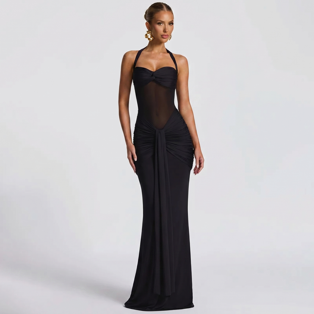 Halter Maxi Dress - Mesh Cut Out Ruched