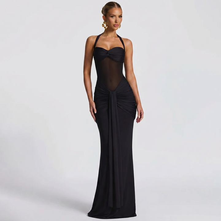 Halter Maxi Dress - Mesh Cut Out Ruched