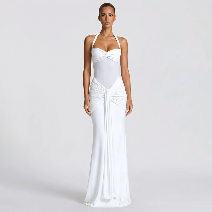 Halter Maxi Dress - Mesh Cut Out Ruched