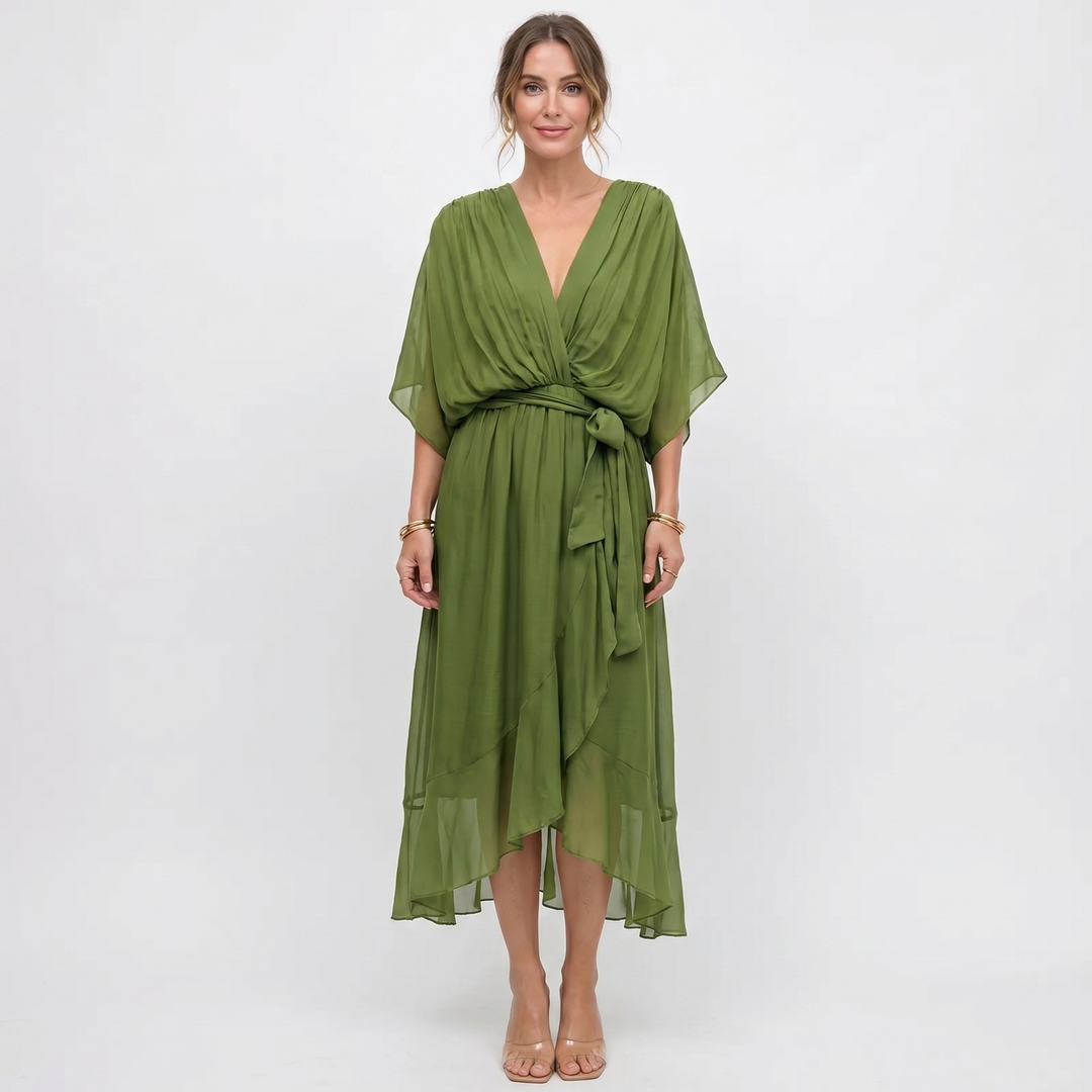 Wrap Midi Dress - V Neck Kimono Sleeve Belted