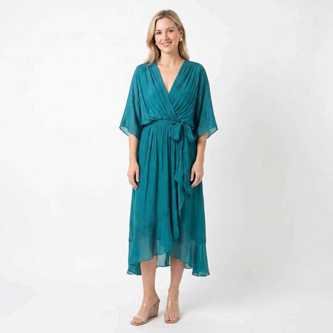 Wrap Midi Dress - V Neck Kimono Sleeve Belted