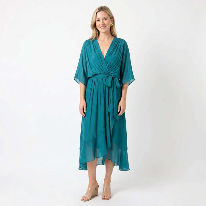 Wrap Midi Dress - V Neck Kimono Sleeve Belted