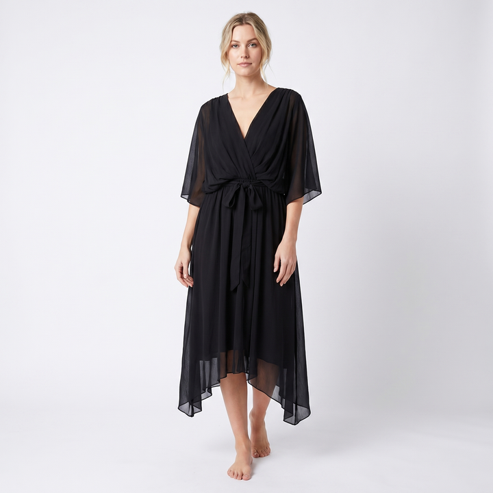 Wrap Midi Dress - V Neck Kimono Sleeve Belted