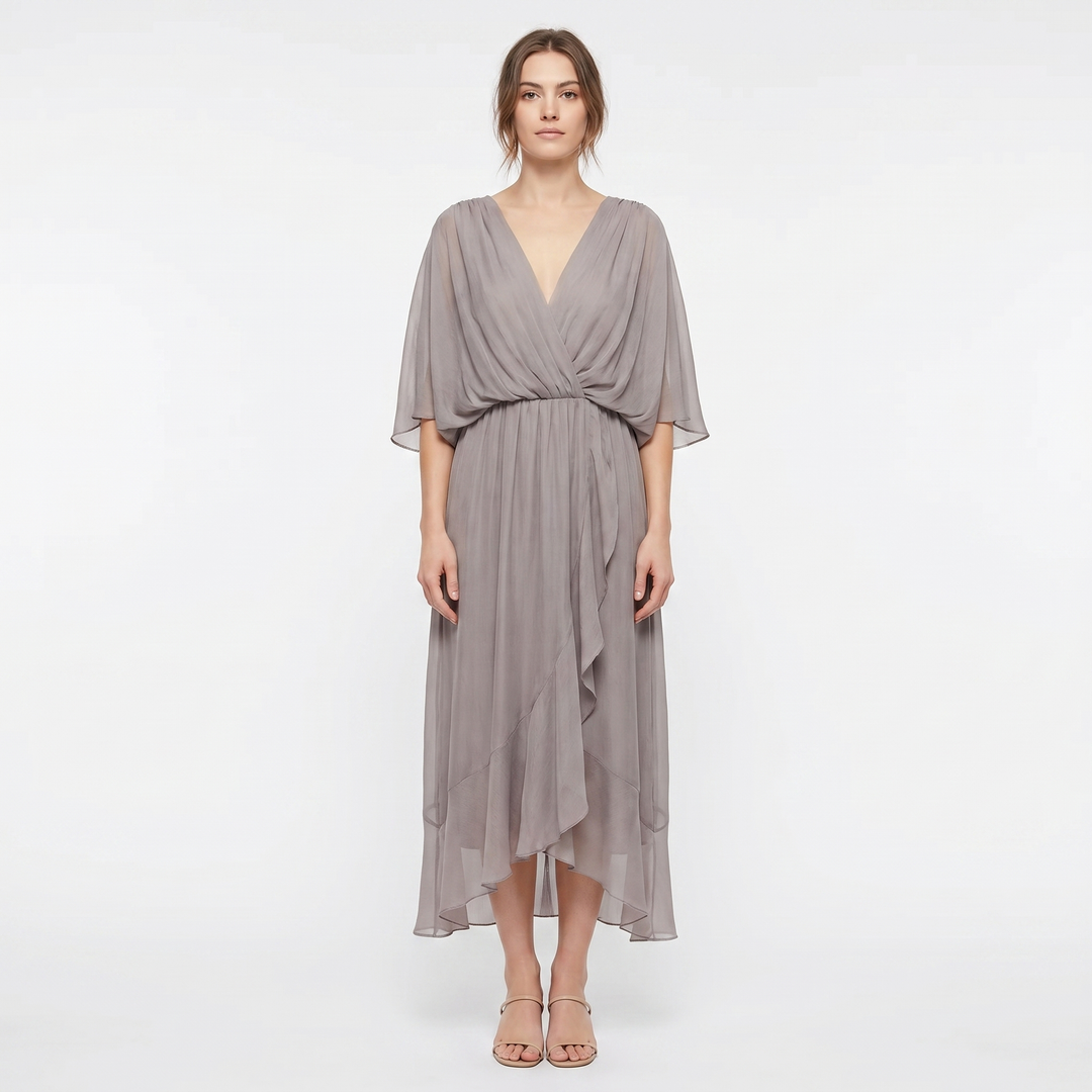 Wrap Midi Dress - V Neck Kimono Sleeve Belted