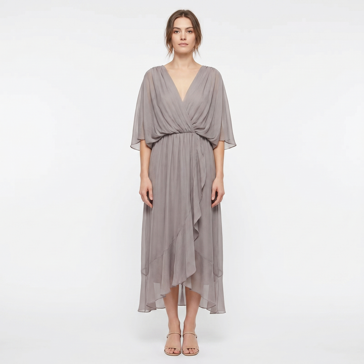 Wrap Midi Dress - V Neck Kimono Sleeve Belted