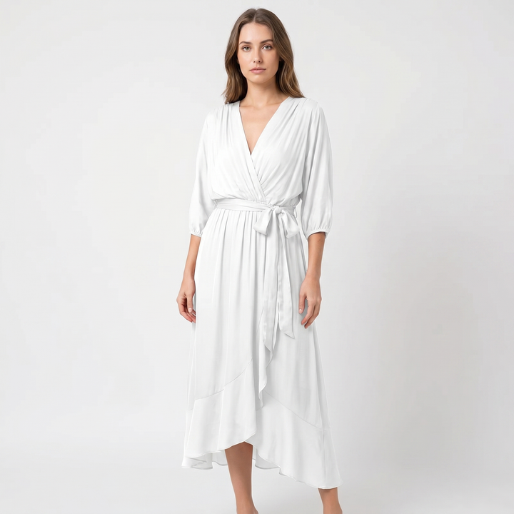 Wrap Midi Dress - V Neck Kimono Sleeve Belted