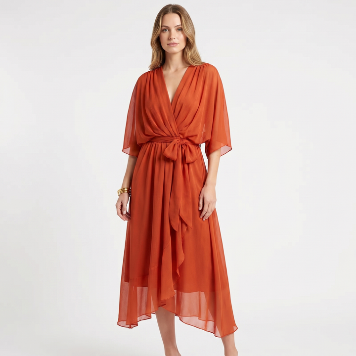 Wrap Midi Dress - V Neck Kimono Sleeve Belted