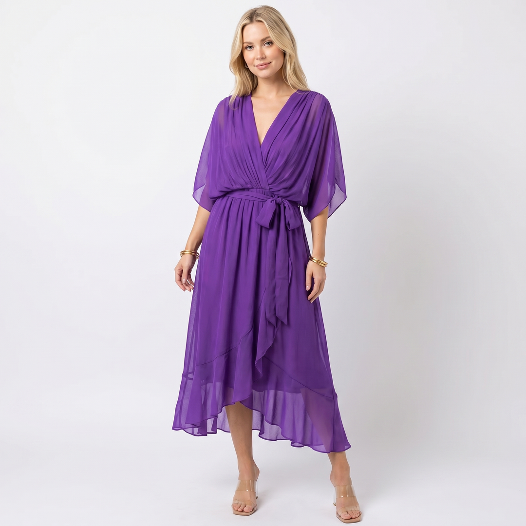 Wrap Midi Dress - V Neck Kimono Sleeve Belted
