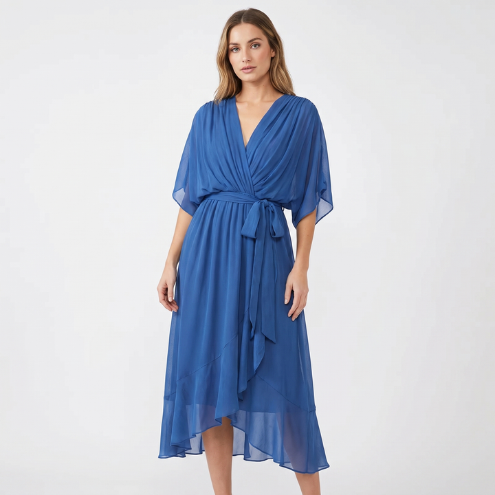 Wrap Midi Dress - V Neck Kimono Sleeve Belted