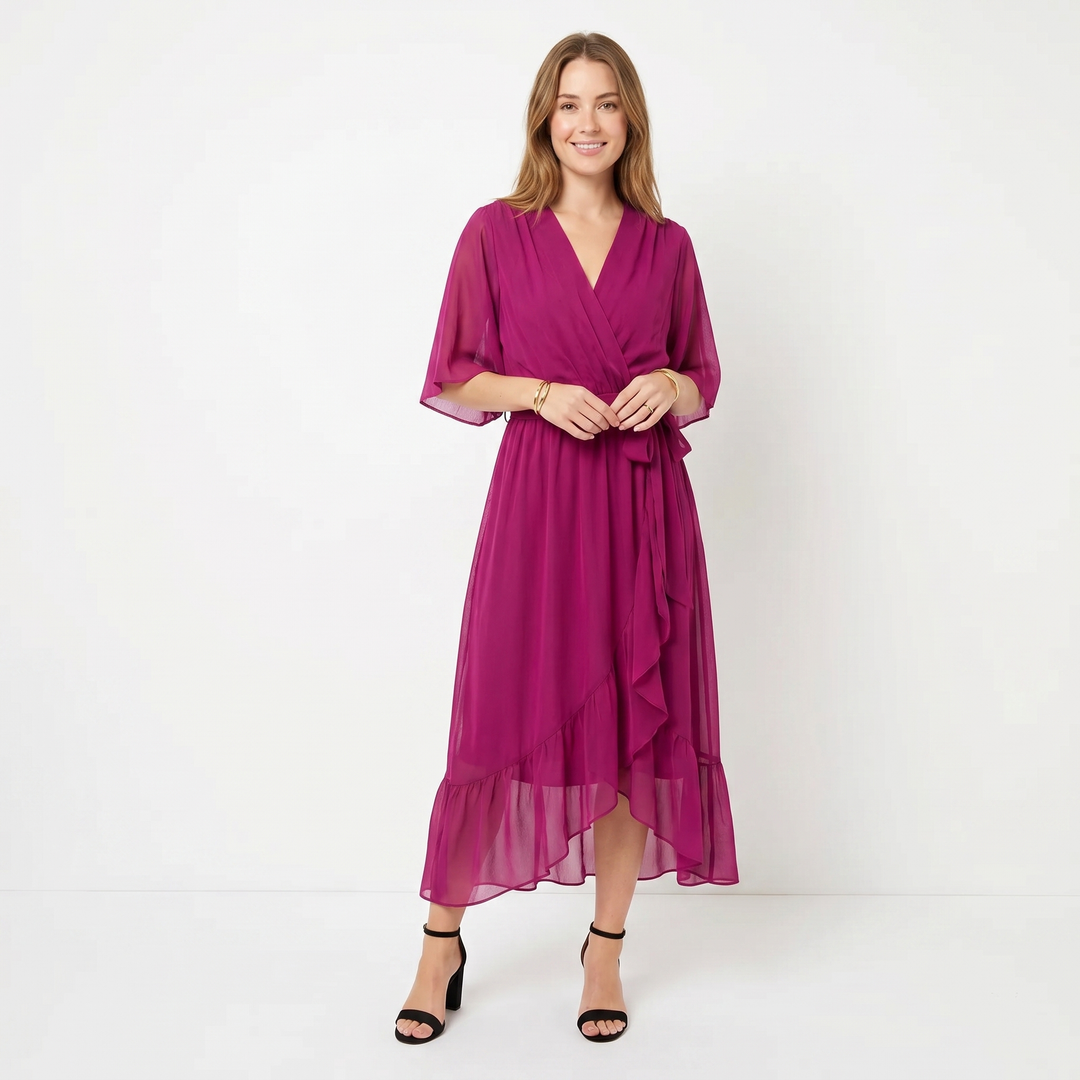 Wrap Midi Dress - V Neck Kimono Sleeve Belted