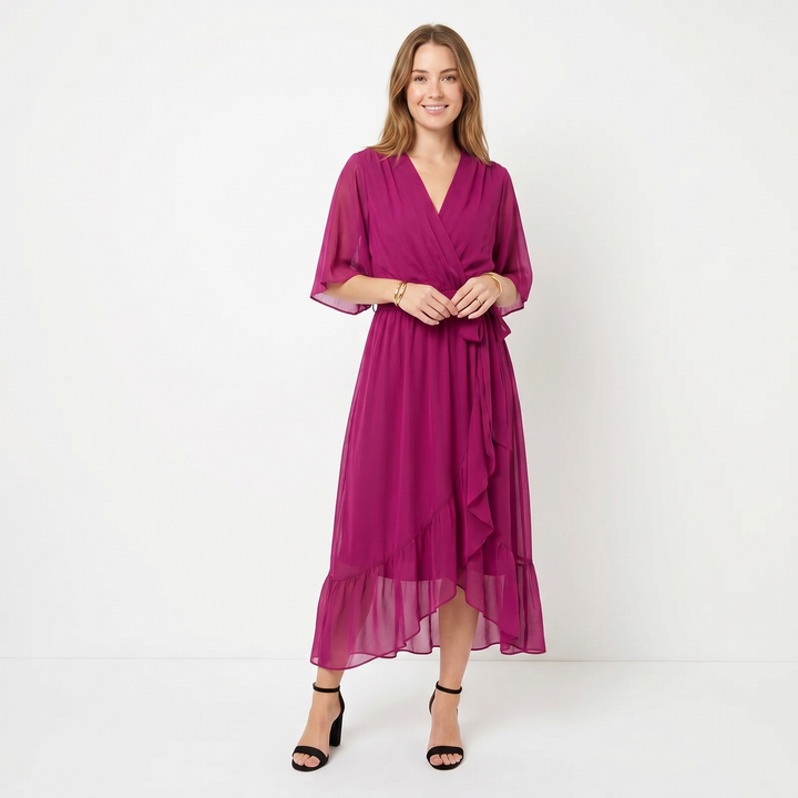 Wrap Midi Dress - V Neck Kimono Sleeve Belted