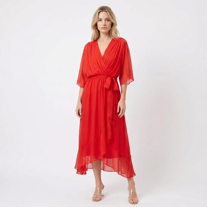 Wrap Midi Dress - V Neck Kimono Sleeve Belted