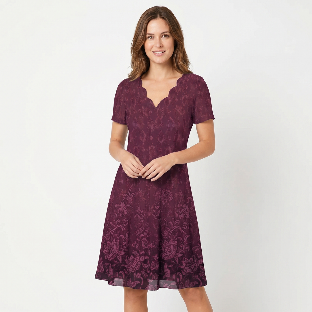 Midi Dress - Scalloped V Neck Short Sleeve