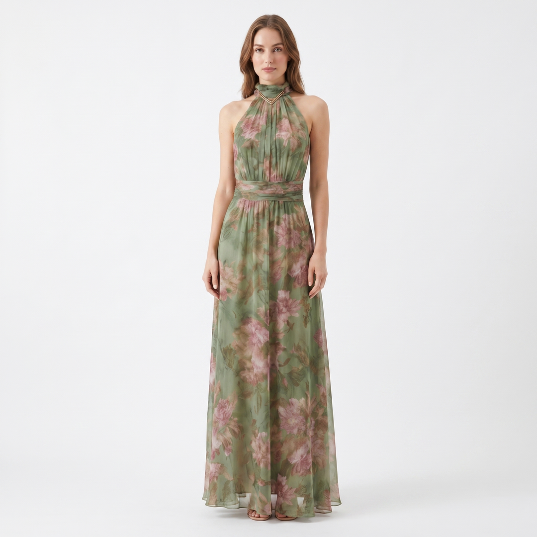 Halter Maxi Dress - High Neck Tie Back Flowy