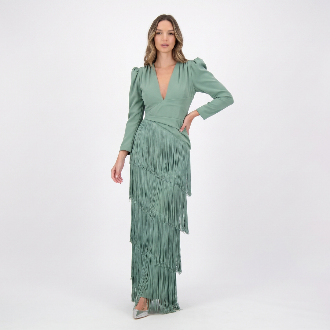 Maxi Dress - Deep V Neck Tiered Fringe Long Sleeve