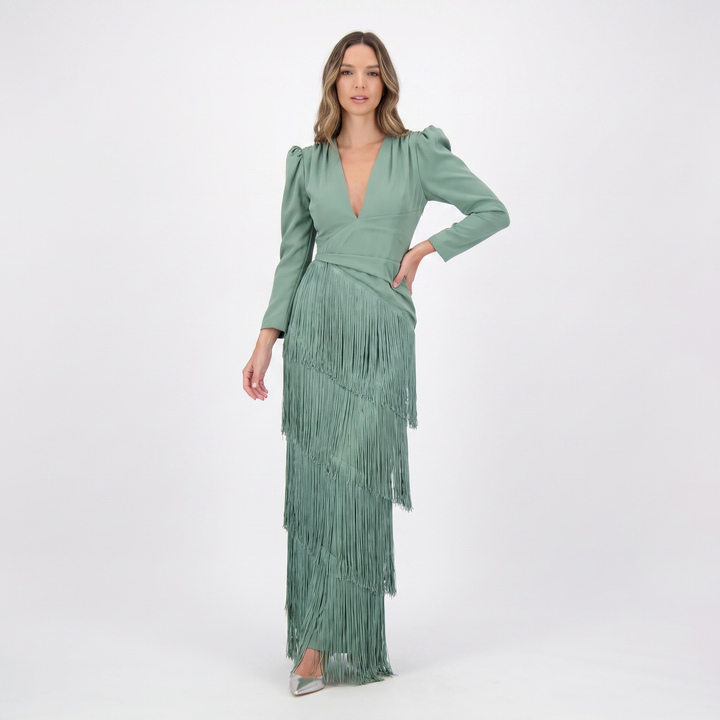 Maxi Dress - Deep V Neck Tiered Fringe Long Sleeve