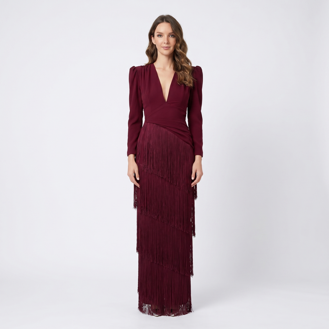 Maxi Dress - Deep V Neck Tiered Fringe Long Sleeve