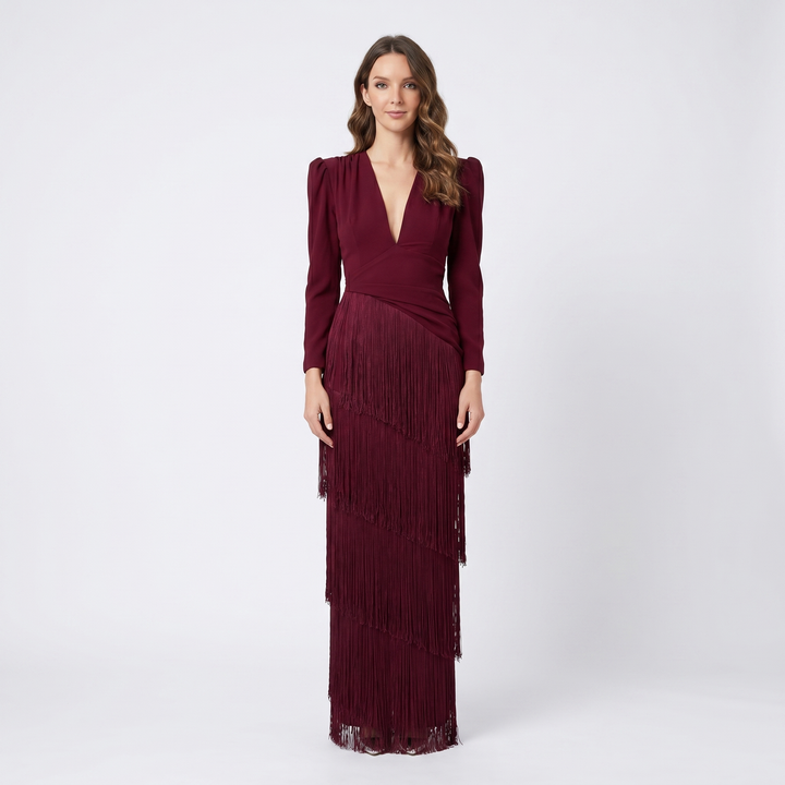 Maxi Dress - Deep V Neck Tiered Fringe Long Sleeve