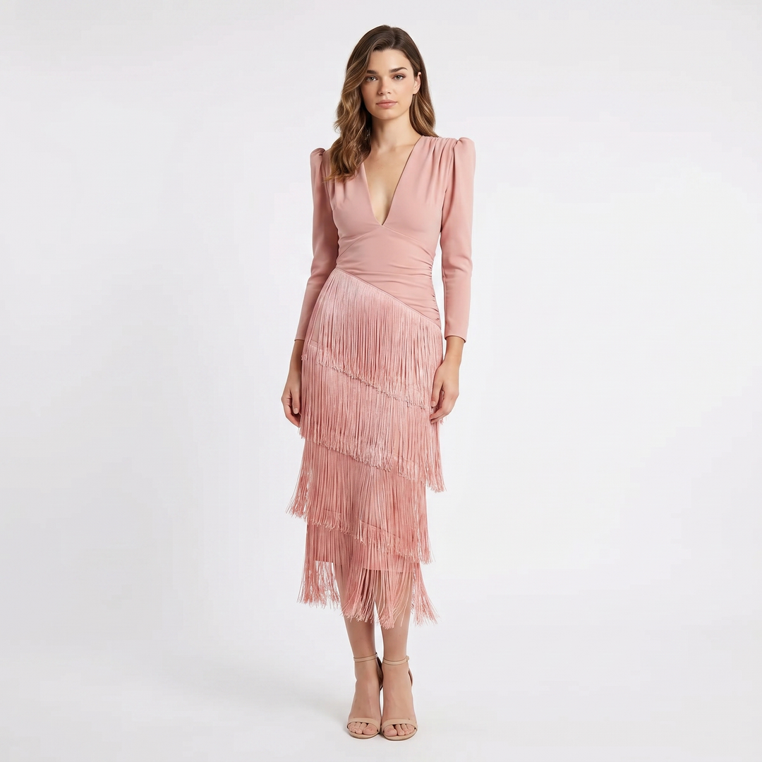 Maxi Dress - Deep V Neck Tiered Fringe Long Sleeve
