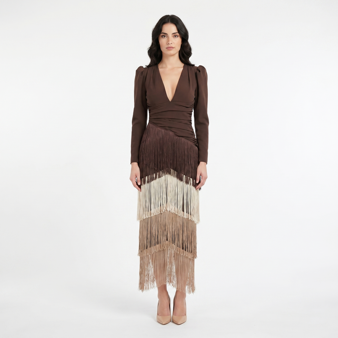 Maxi Dress - Deep V Neck Tiered Fringe Long Sleeve