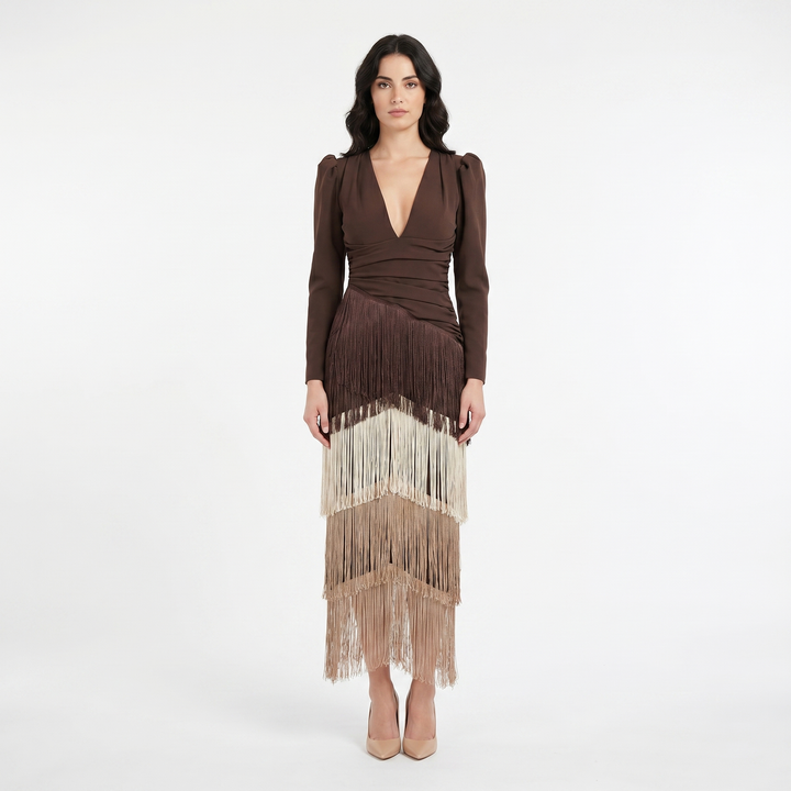 Maxi Dress - Deep V Neck Tiered Fringe Long Sleeve