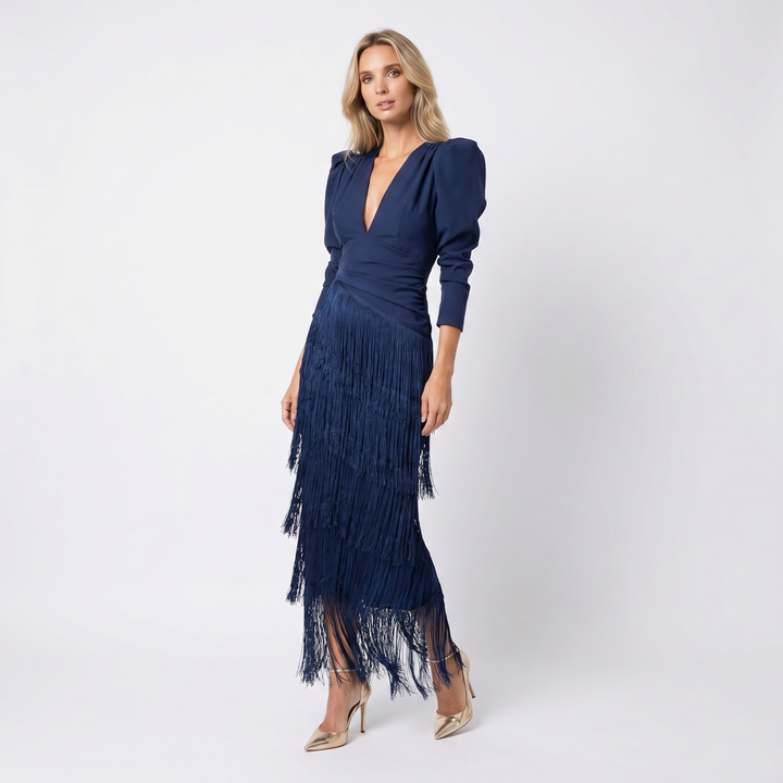 Maxi Dress - Deep V Neck Tiered Fringe Long Sleeve