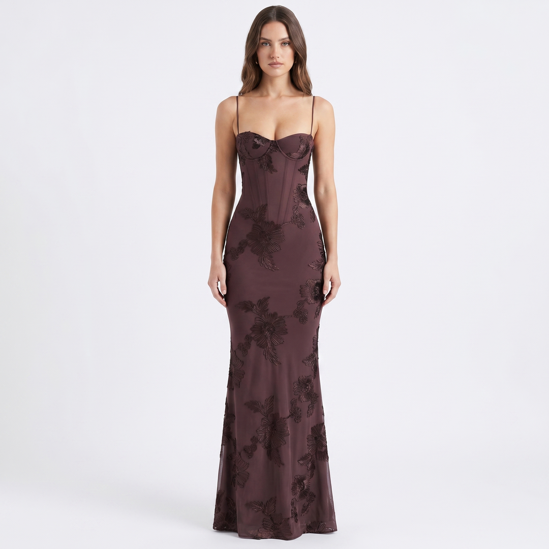Women's Floral Sequin Maxi Dress Corset Mermaid Spaghetti Strap Formal