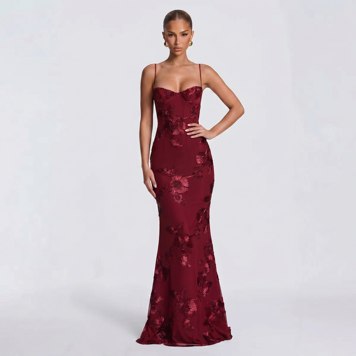 Women's Floral Sequin Maxi Dress Corset Mermaid Spaghetti Strap Formal