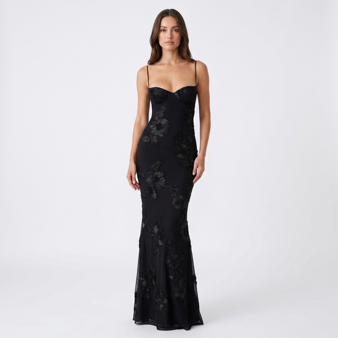 Women's Floral Sequin Maxi Dress Corset Mermaid Spaghetti Strap Formal
