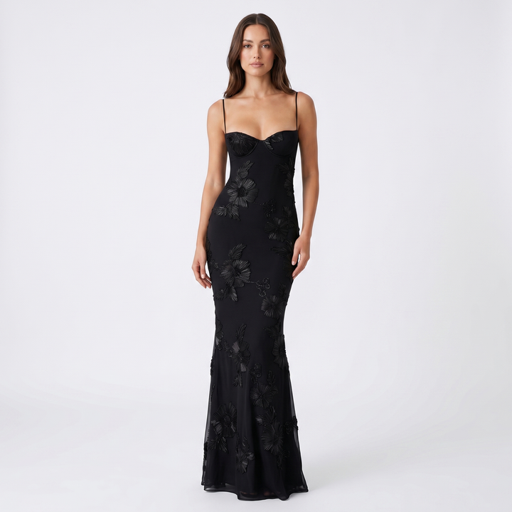 Women's Floral Sequin Maxi Dress Corset Mermaid Spaghetti Strap Formal