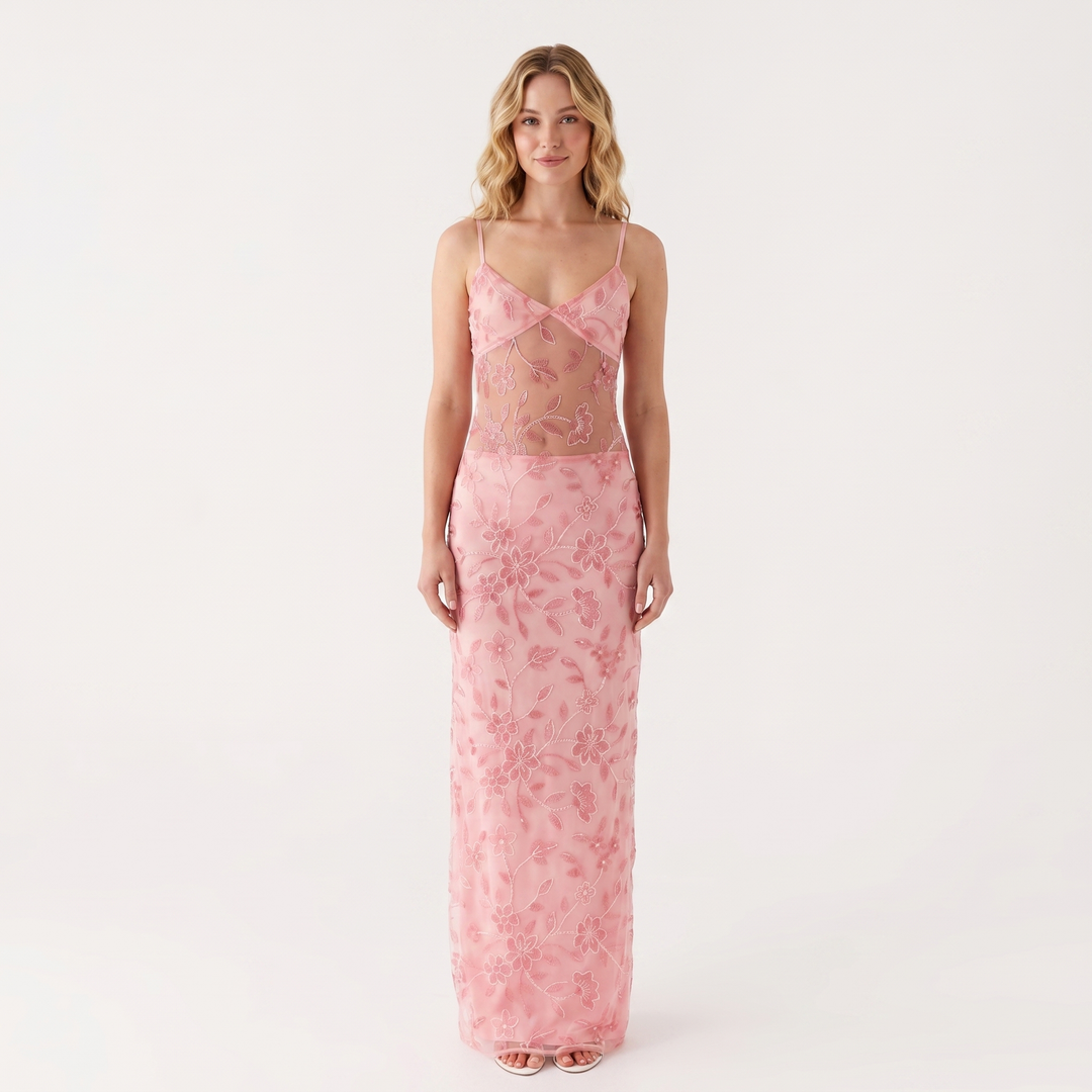 Lace Maxi Dress - V Neck Sheer Bodice Embroidered