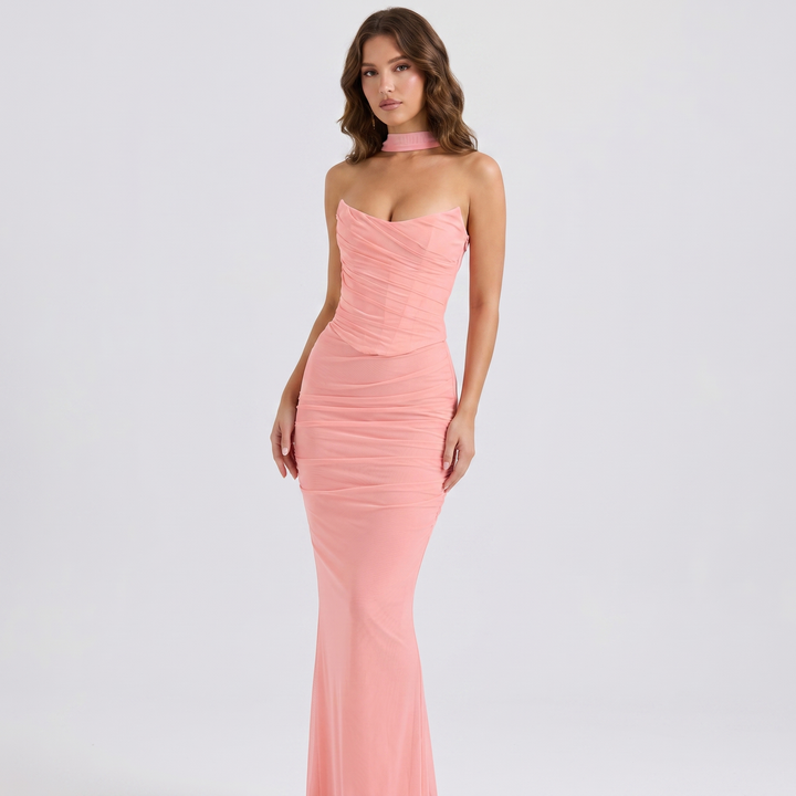 Bodycon Dress - Strapless Ruched Mesh Choker