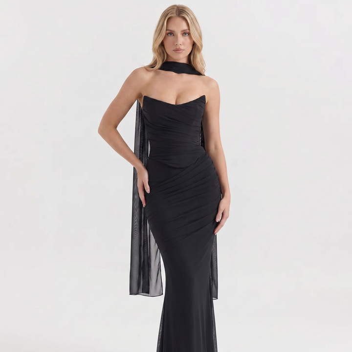 Bodycon Dress - Strapless Ruched Mesh Choker