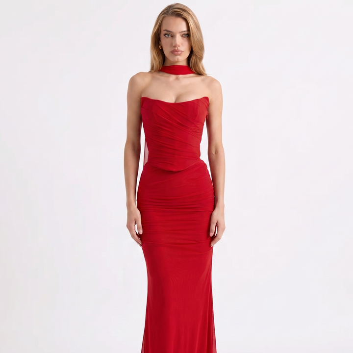 Bodycon Dress - Strapless Ruched Mesh Choker