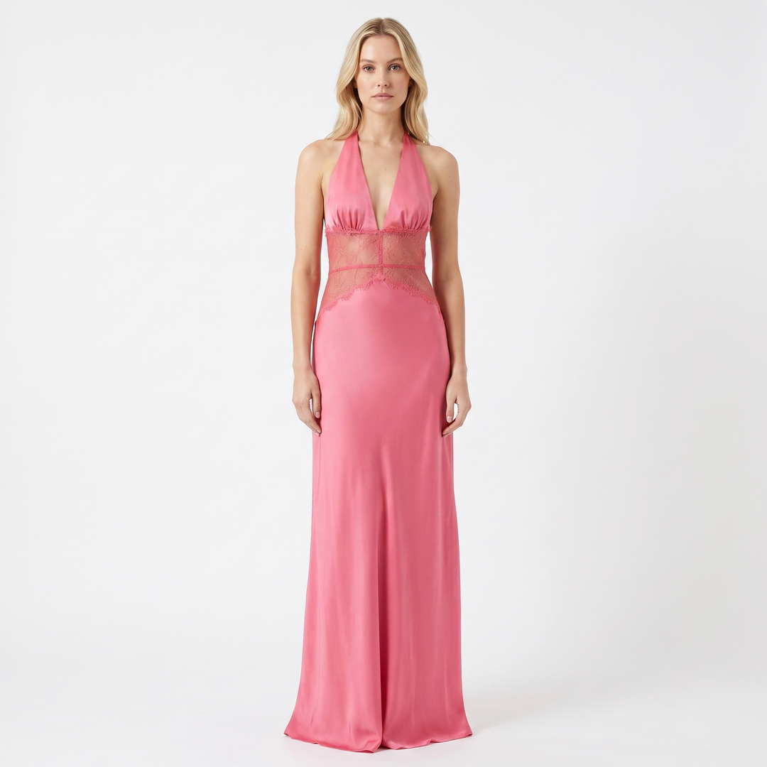 Satin Maxi Dress - Halter Plunge Lace Cut Out