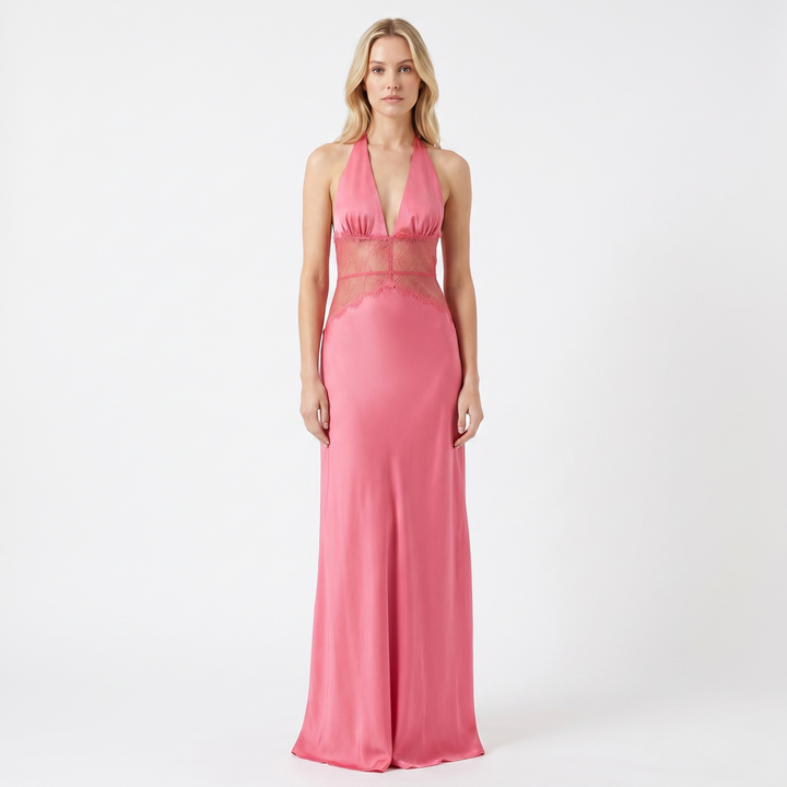 Satin Maxi Dress - Halter Plunge Lace Cut Out
