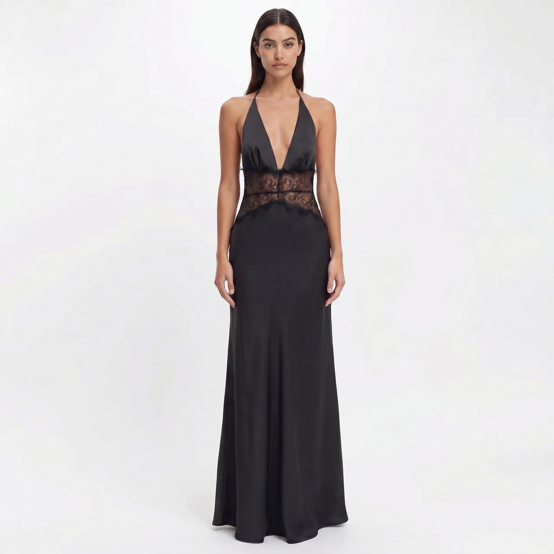 Satin Maxi Dress - Halter Plunge Lace Cut Out
