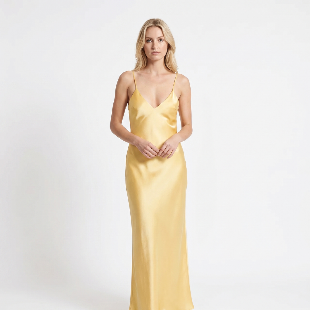 Slip Dress - Deep V Neck Bias Cut Satin Midi