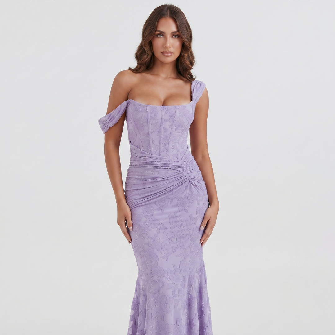 Midi Dress - Corset Bodice Ruched High Low Hem