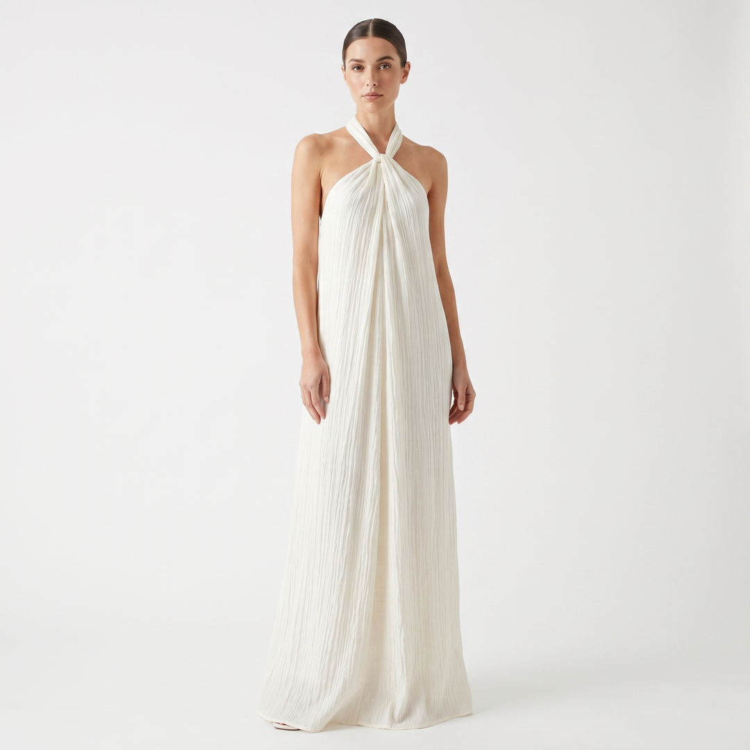 Halter Maxi Dress - Twist Front Pleated Open Back