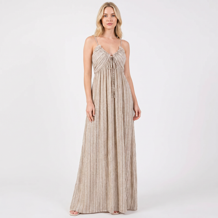 Linen Maxi Dress - Striped Tie Front Empire Waist