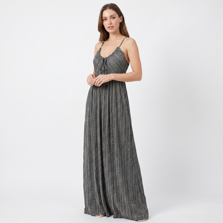 Linen Maxi Dress - Striped Tie Front Empire Waist
