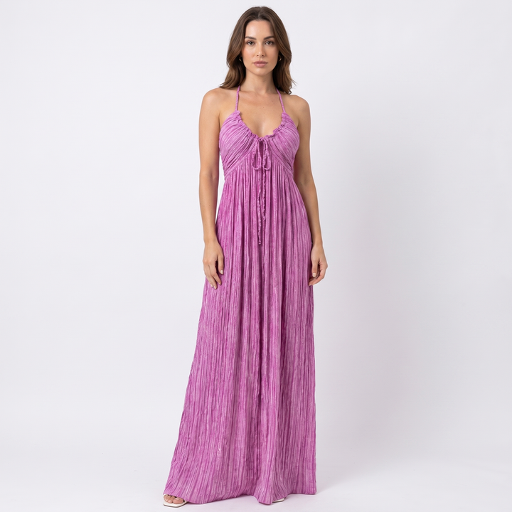 Linen Maxi Dress - Striped Tie Front Empire Waist