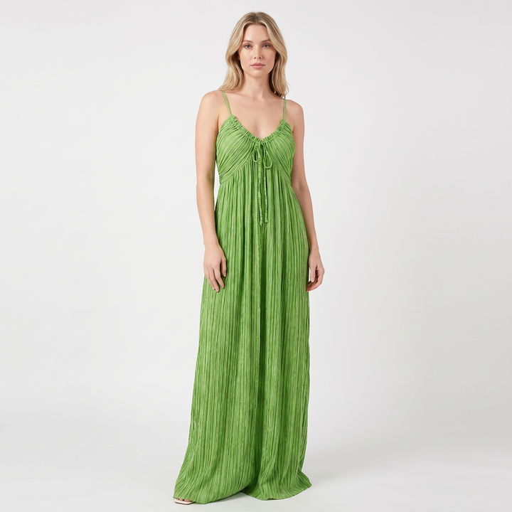 Linen Maxi Dress - Striped Tie Front Empire Waist
