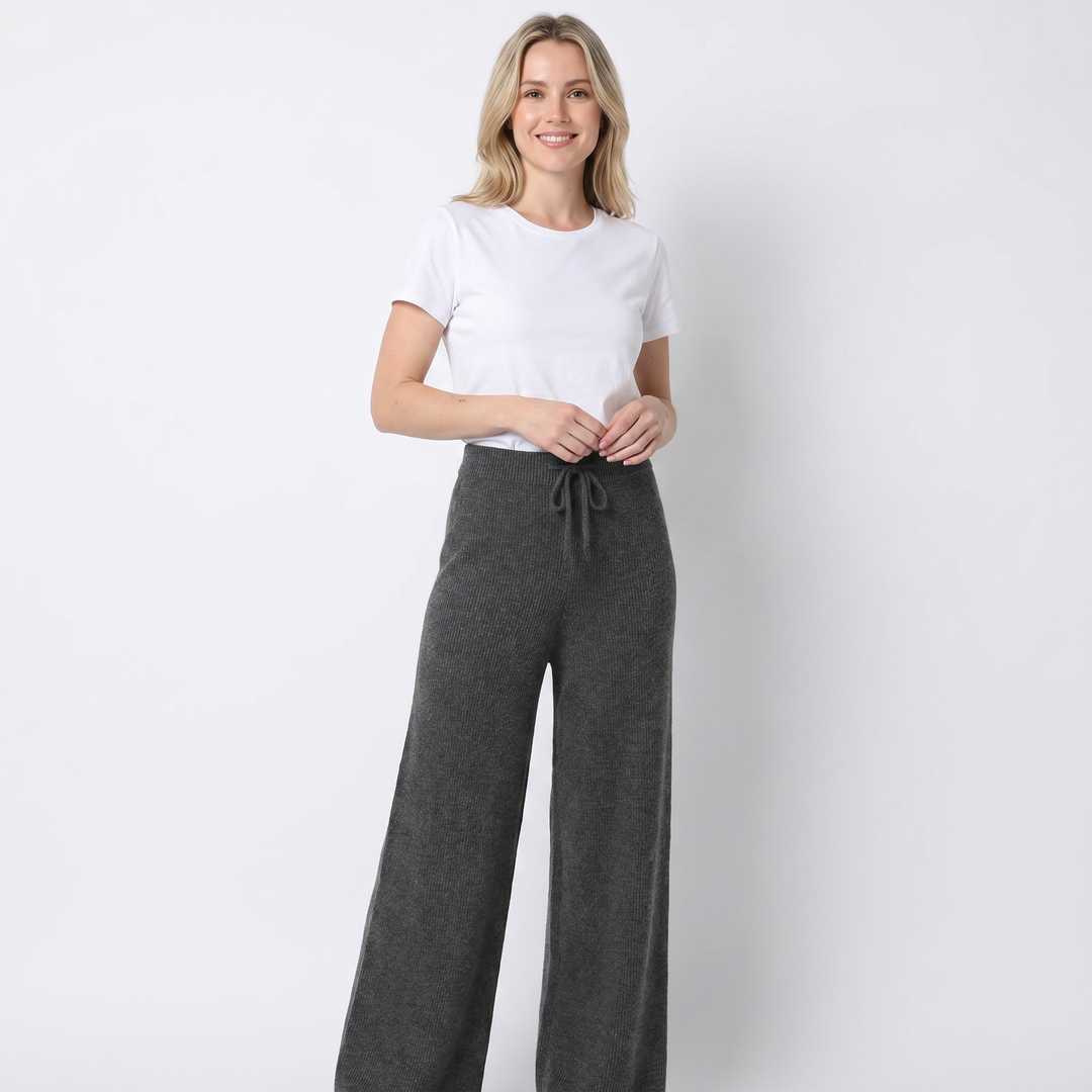 Wide Leg Pants Women - Ribbed Knit Drawstring