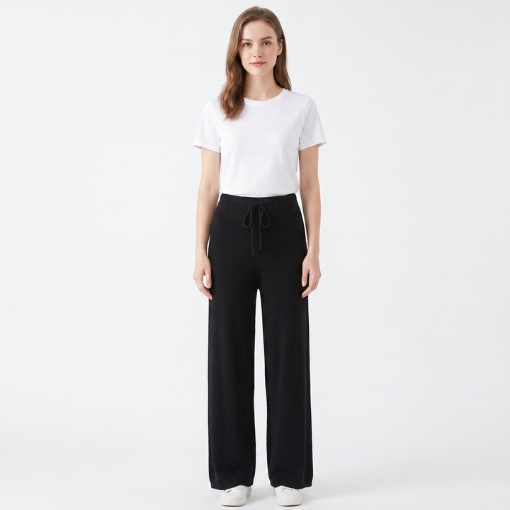 Wide Leg Pants Women - Ribbed Knit Drawstring