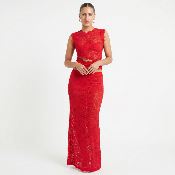 Lace Matching Sets - Sleeveless Crop Top Maxi Skirt