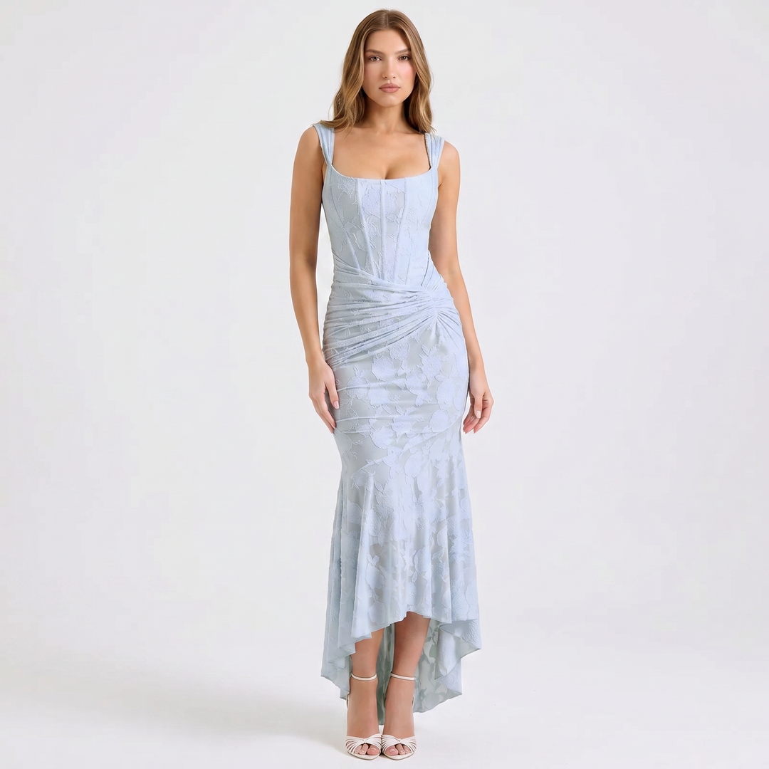 Corset Maxi Dress - Square Neck Ruched Asymmetric
