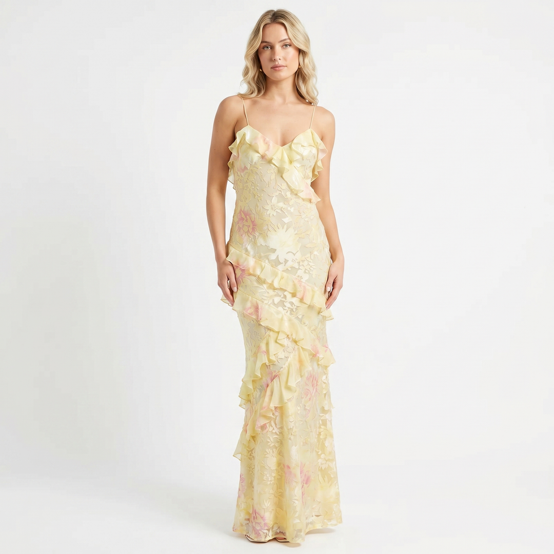 Floral Maxi Dress - Thin Strap V Neck Ruffle Tiered