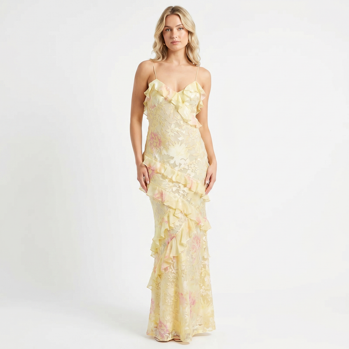 Floral Maxi Dress - Thin Strap V Neck Ruffle Tiered